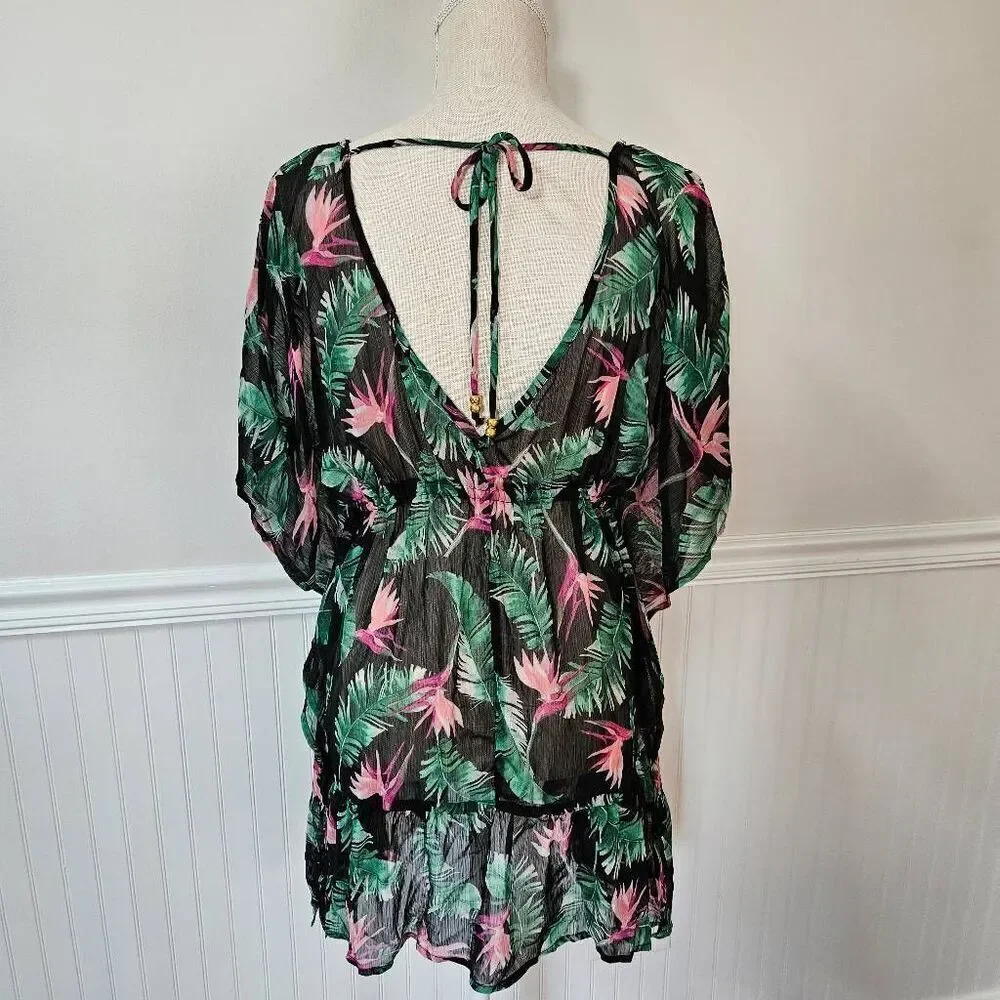 Miken Black and Green Palm and Floral Print Sheer Swim Coverup Size Medium